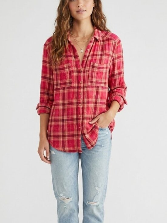 Anthropologie Tops - Anthropologie Pilcro Seamed Plaid Oversized Button Down Tunic Pink Size S